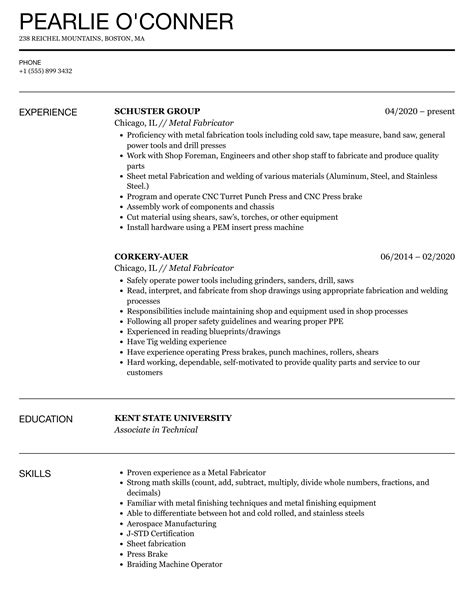 metal fabricating skills for resume